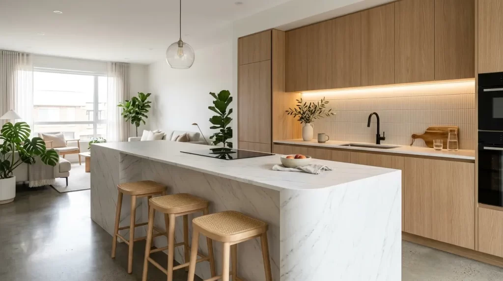 Phim nội thất Soif dán đảo bếp vân đá Carrara và hệ tủ bếp gỗ sồi Hàn Quốc
