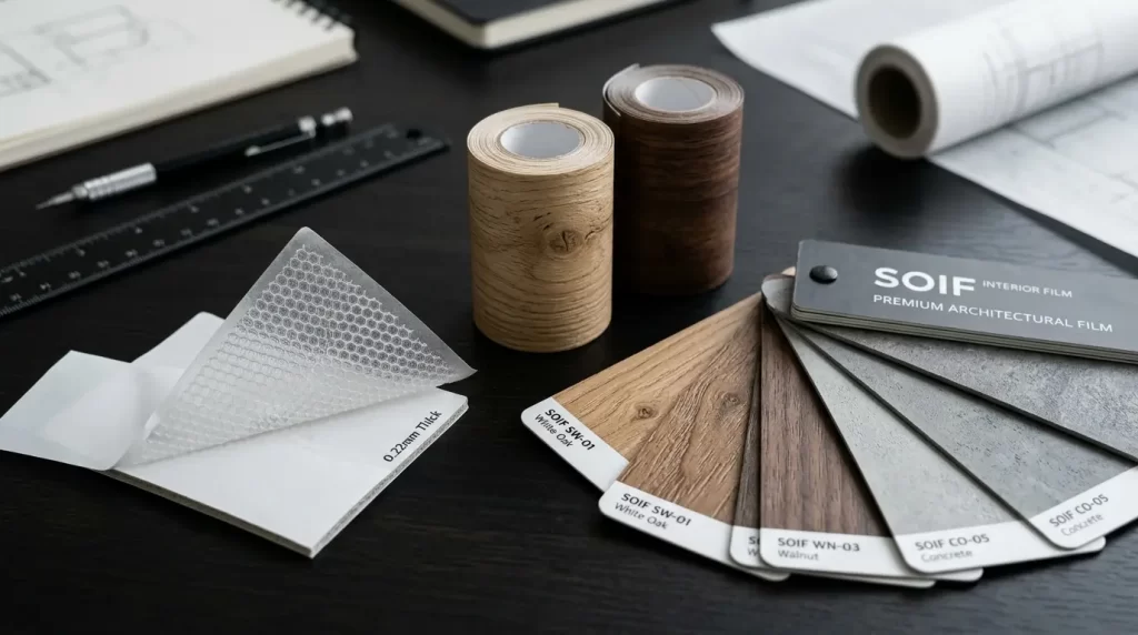 Bề mặt vân dập nổi 3D và cấu tạo rãnh thoát khí của phim dán nội thất Soif